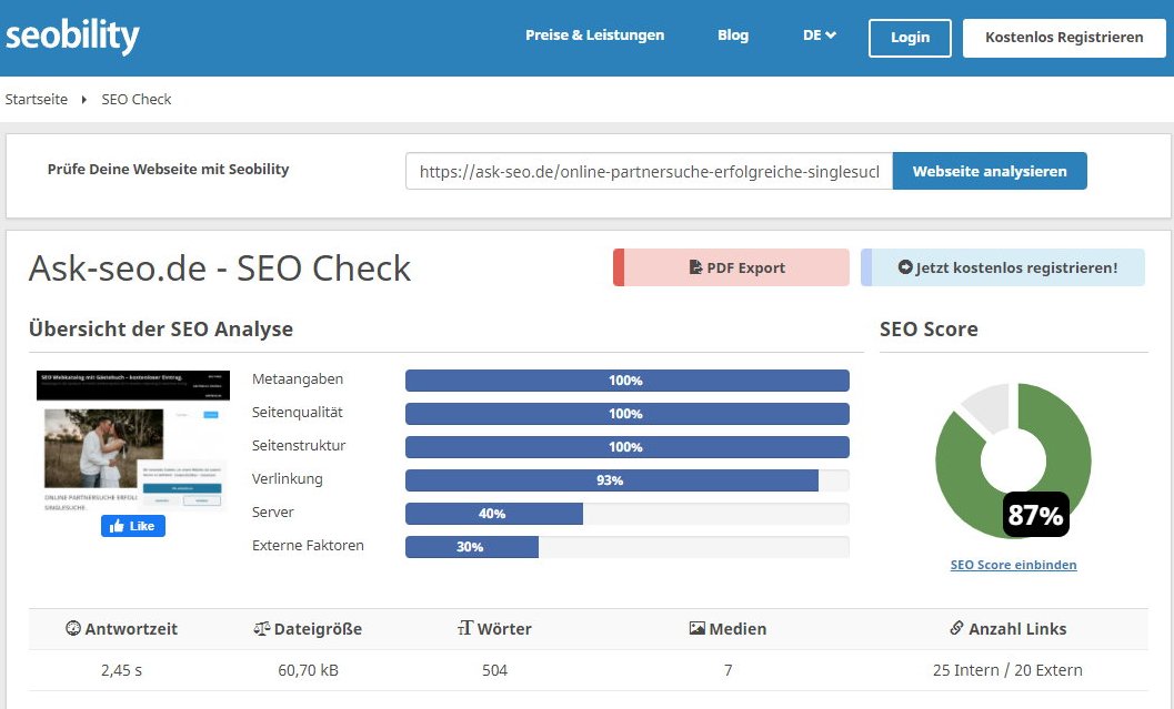 SEOCHECK online Partnersuche 87%
